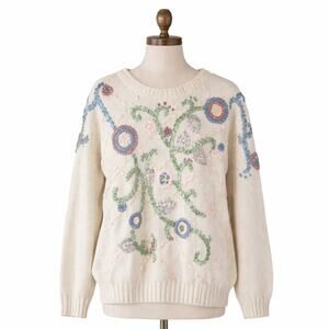 Vintage Cottagecore Floral Embroidered Knit Sweater Cream Pastel Grannycore L